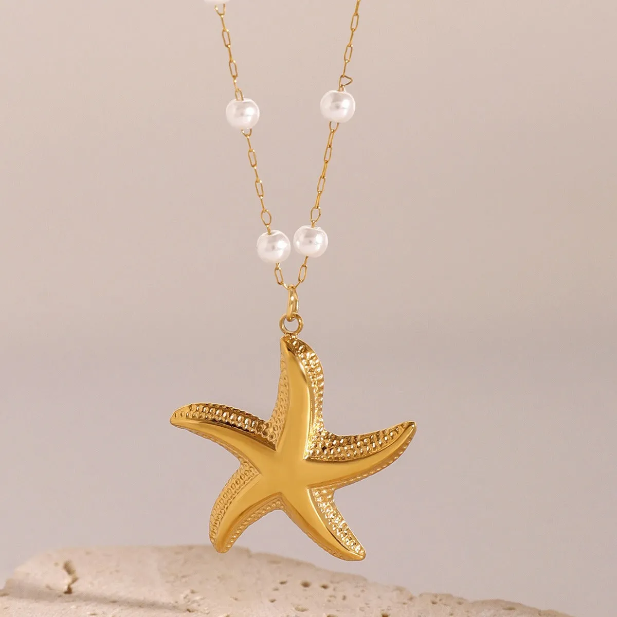 18K Gold Starfish Design Luxury Ring Necklace Set