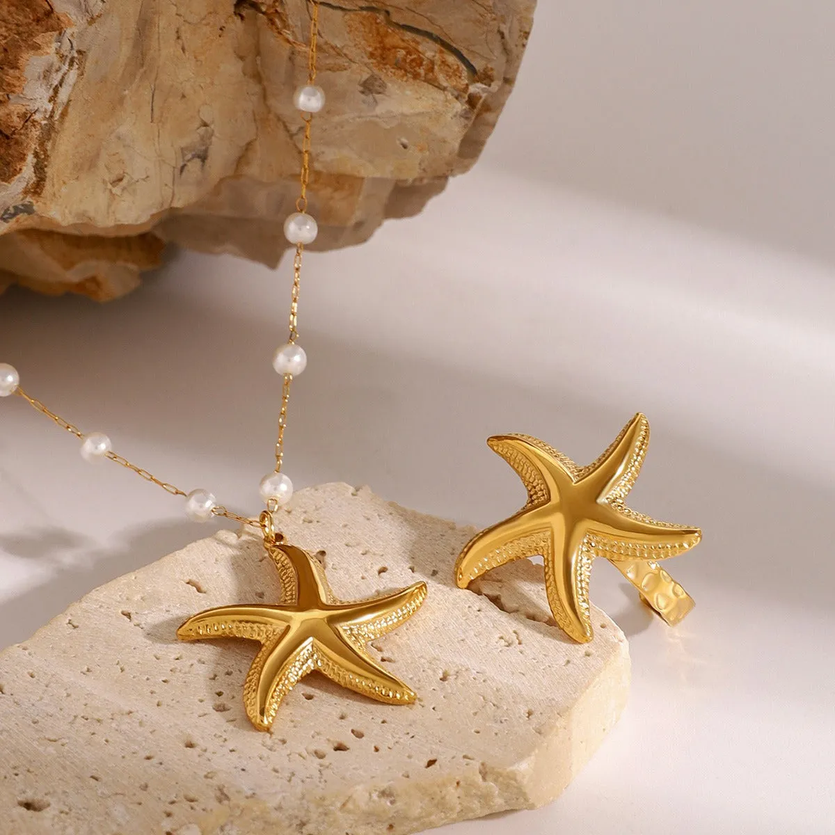18K Gold Starfish Design Luxury Ring Necklace Set