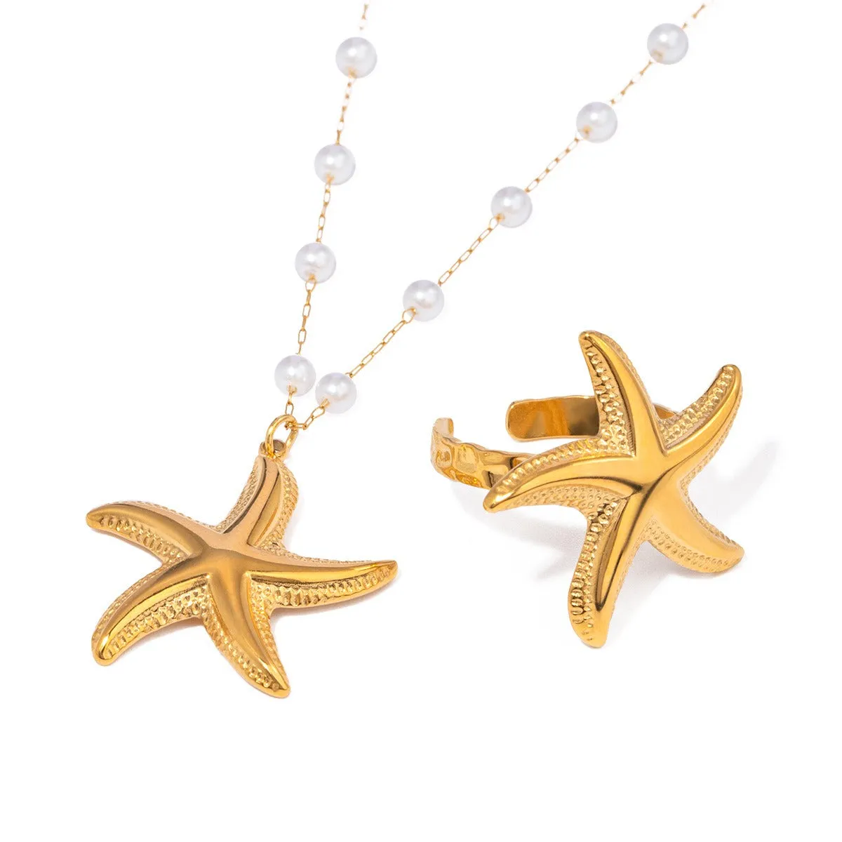 18K Gold Starfish Design Luxury Ring Necklace Set