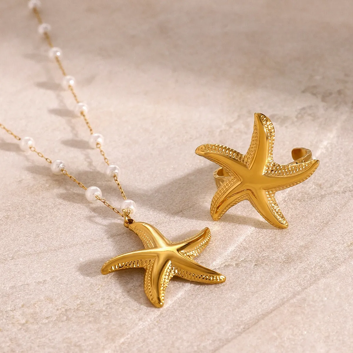 18K Gold Starfish Design Luxury Ring Necklace Set