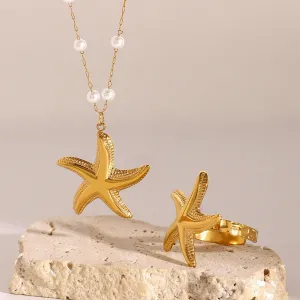 18K Gold Starfish Design Luxury Ring Necklace Set