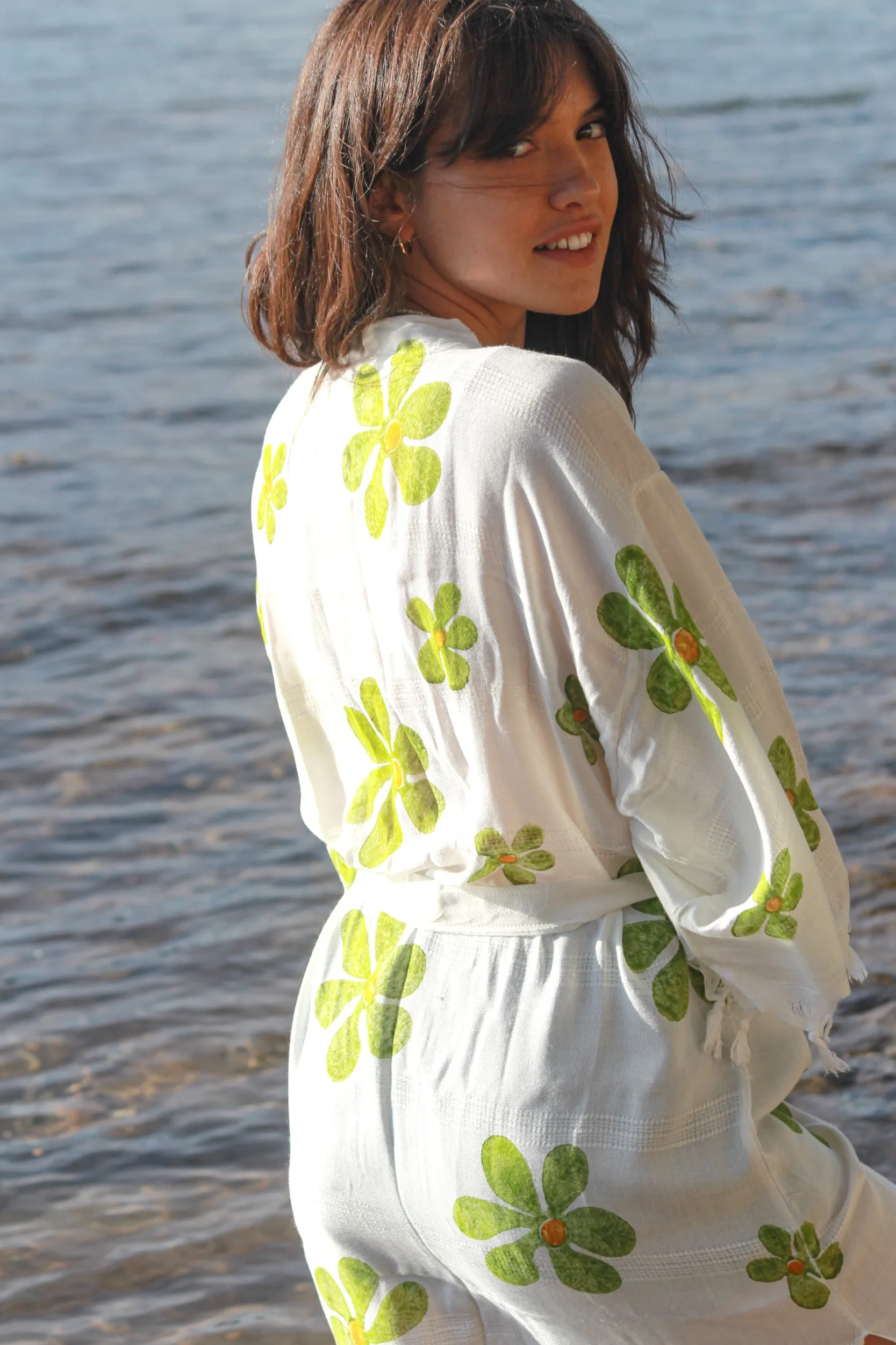 Daisy Boho Kimono With Soft Texture - Green