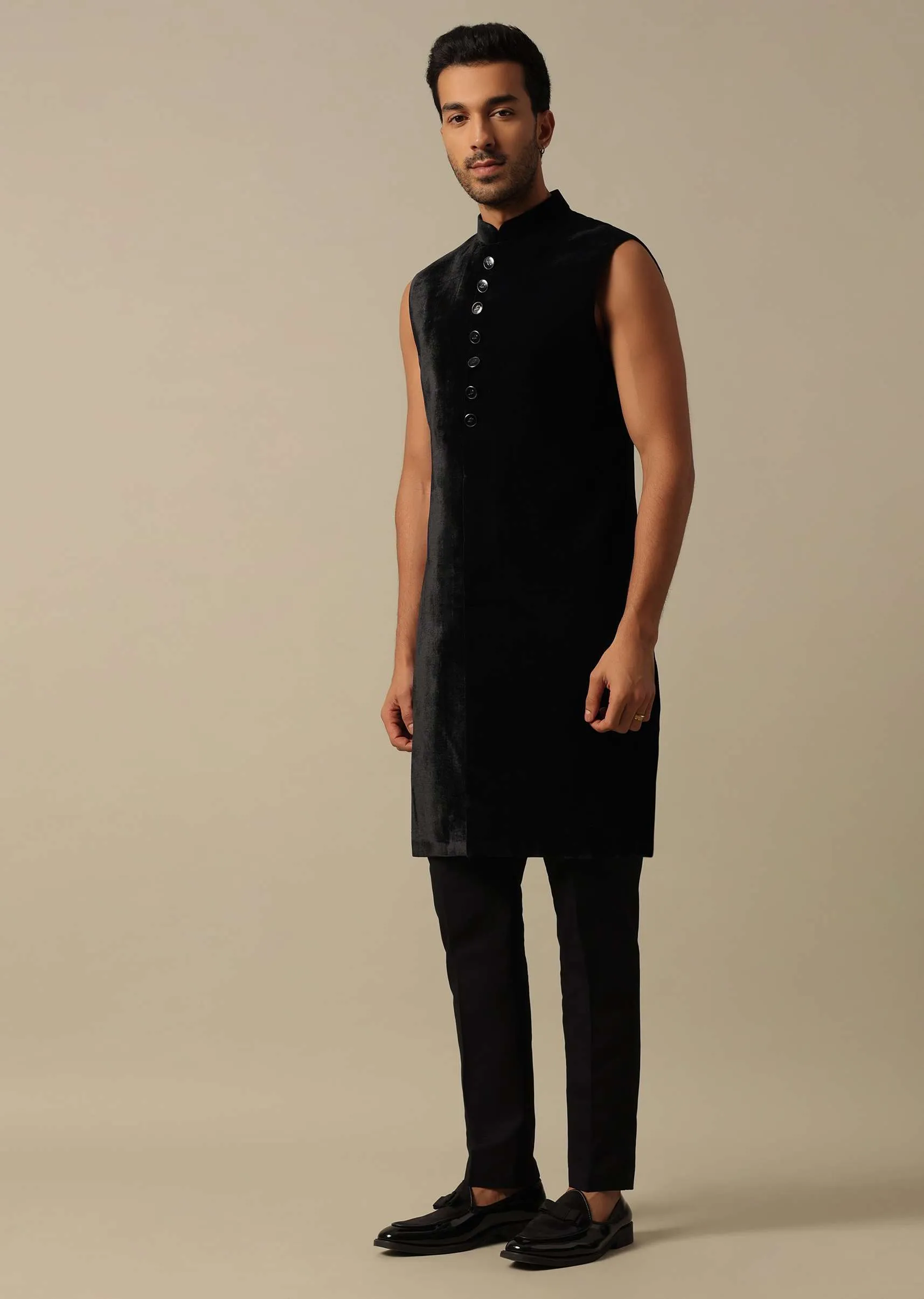 Exquisite Embroidered Black Velvet Indowestern Set