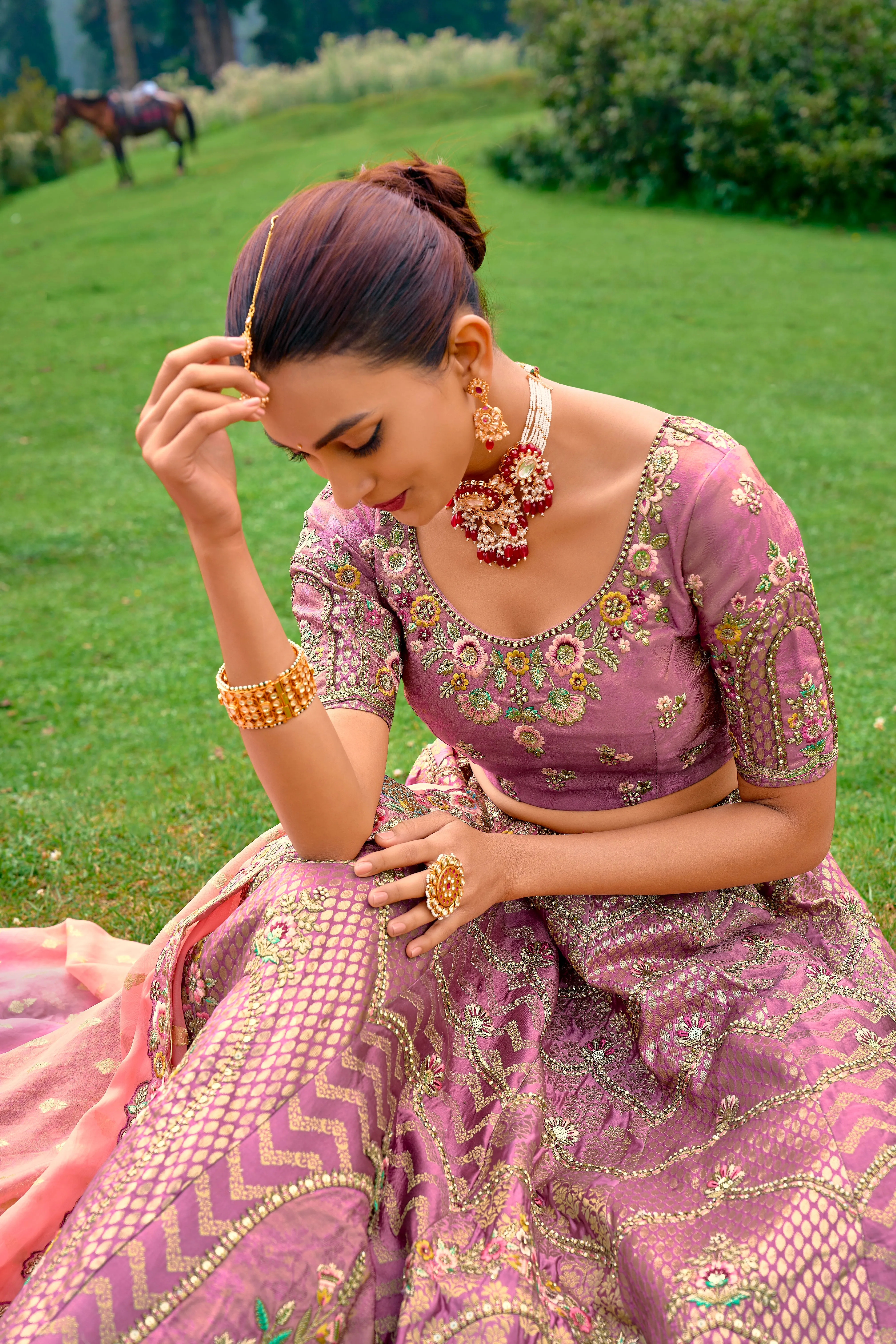 Exquisite Onine & Peach Designer Wedding Lehenga Choli