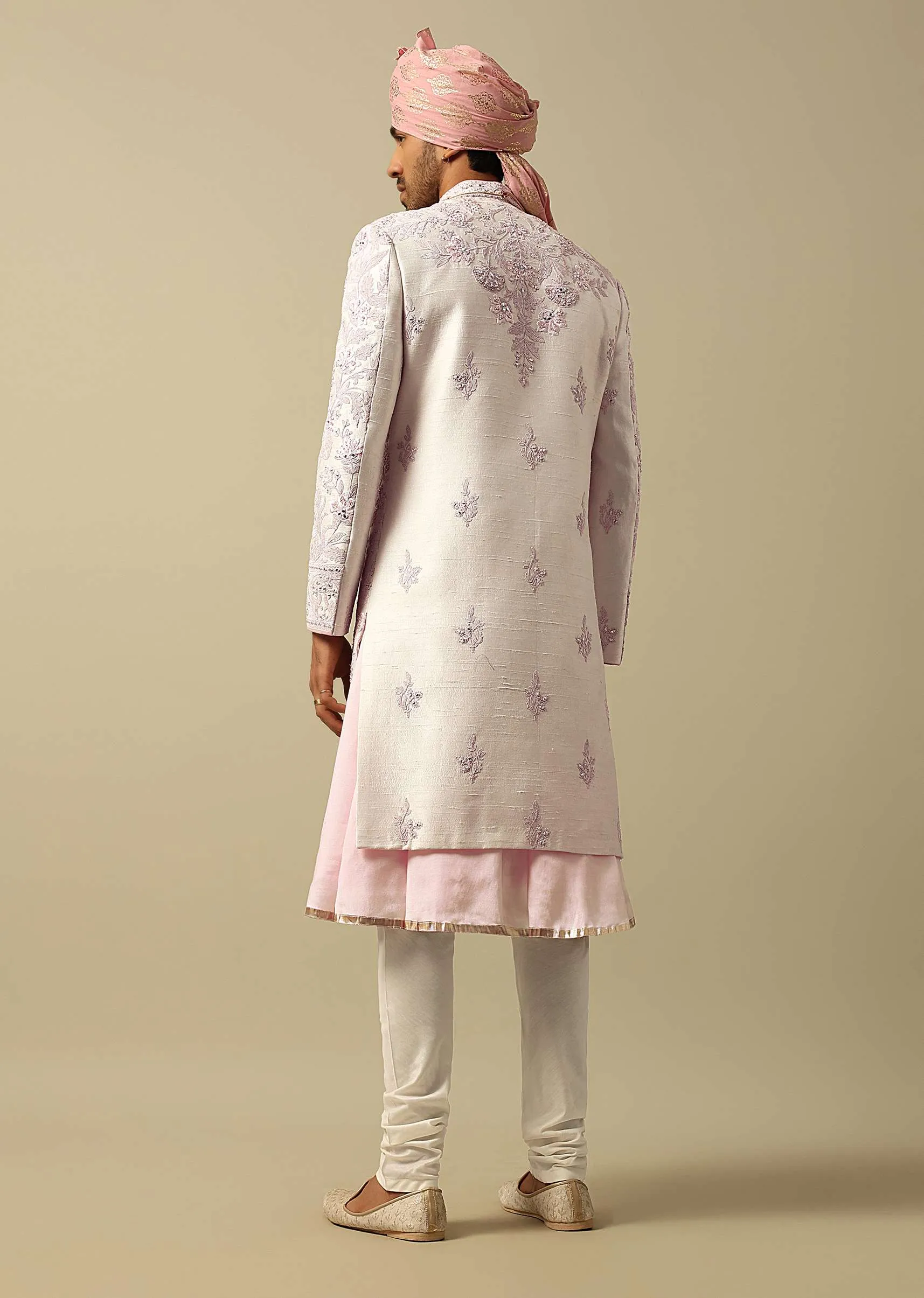 Exquisite Pink Raw Silk Sherwani