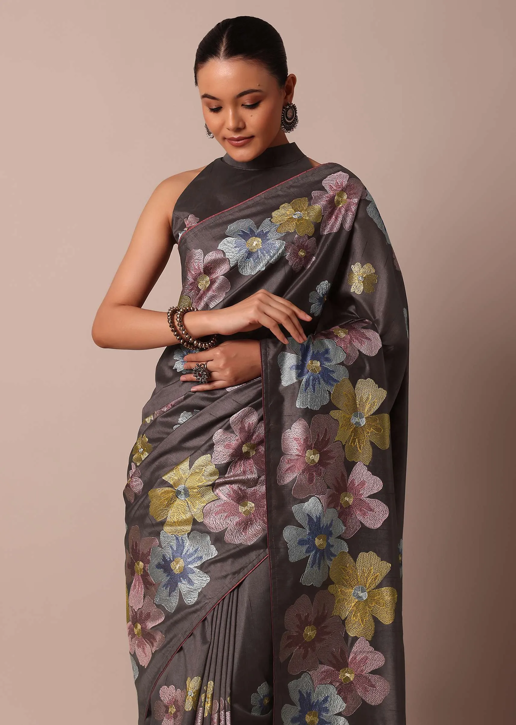 Graceful Grey Saree With Exquisite Thread Resham Work
