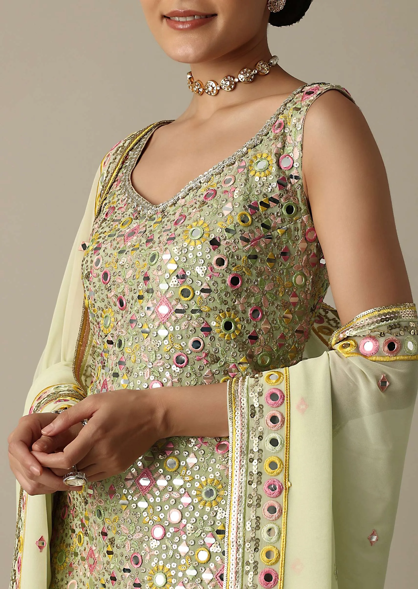 Green Sharara Set With Exquisite Mirror Work