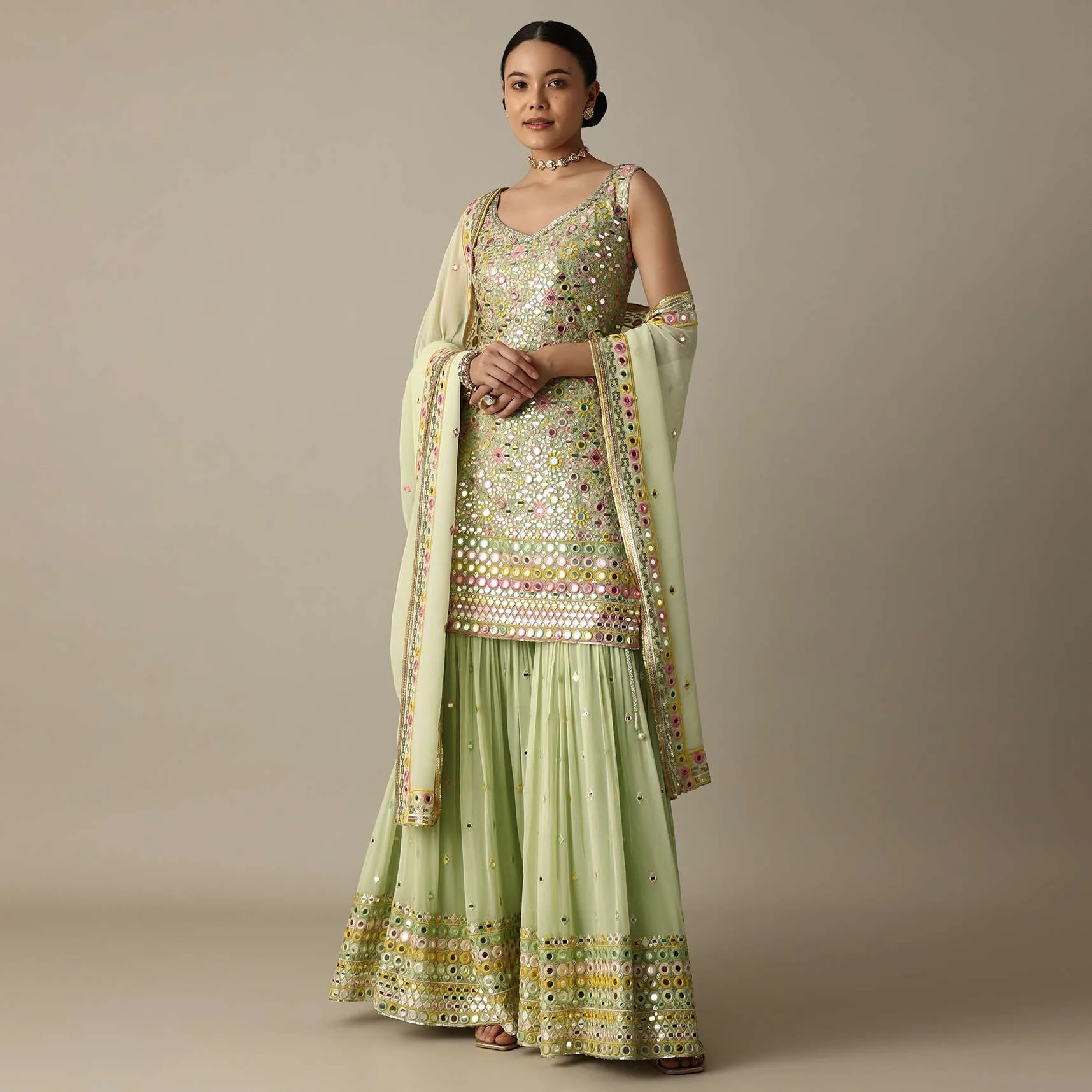 Green Sharara Set With Exquisite Mirror Work