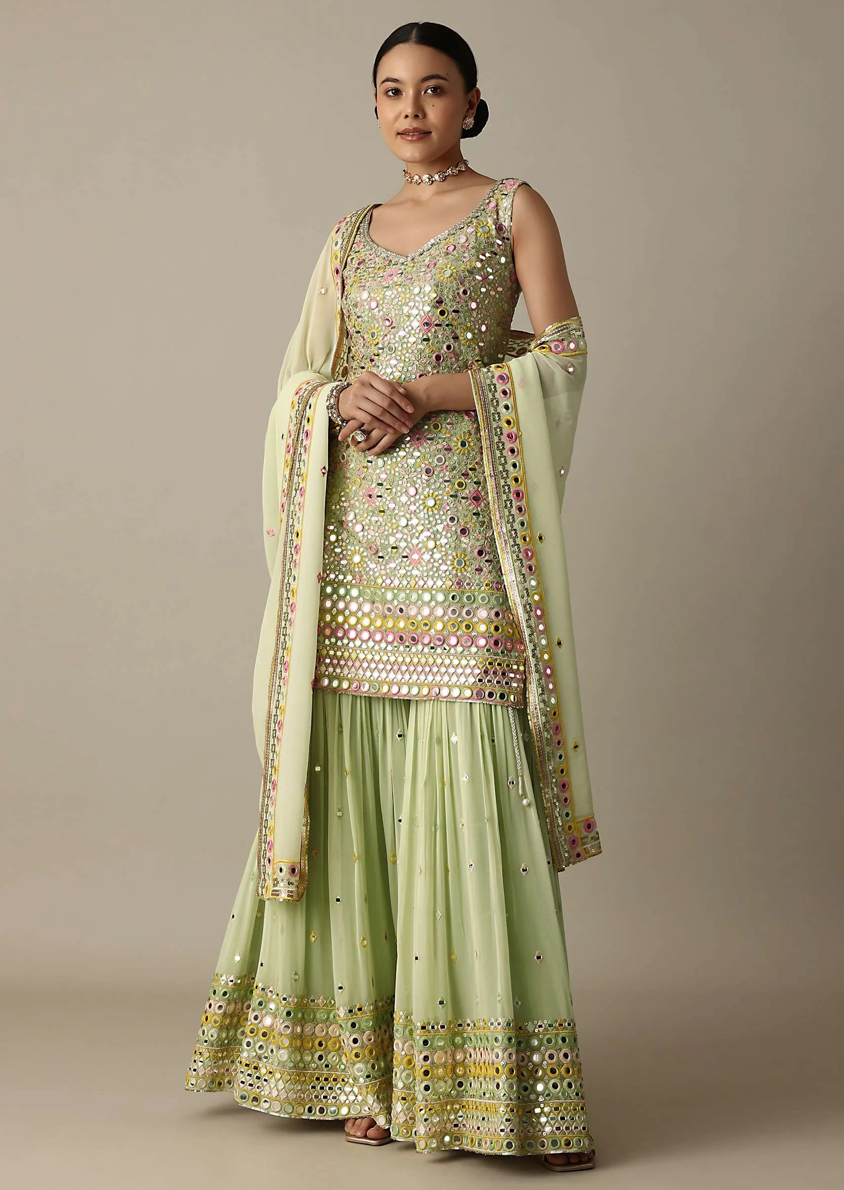 Green Sharara Set With Exquisite Mirror Work