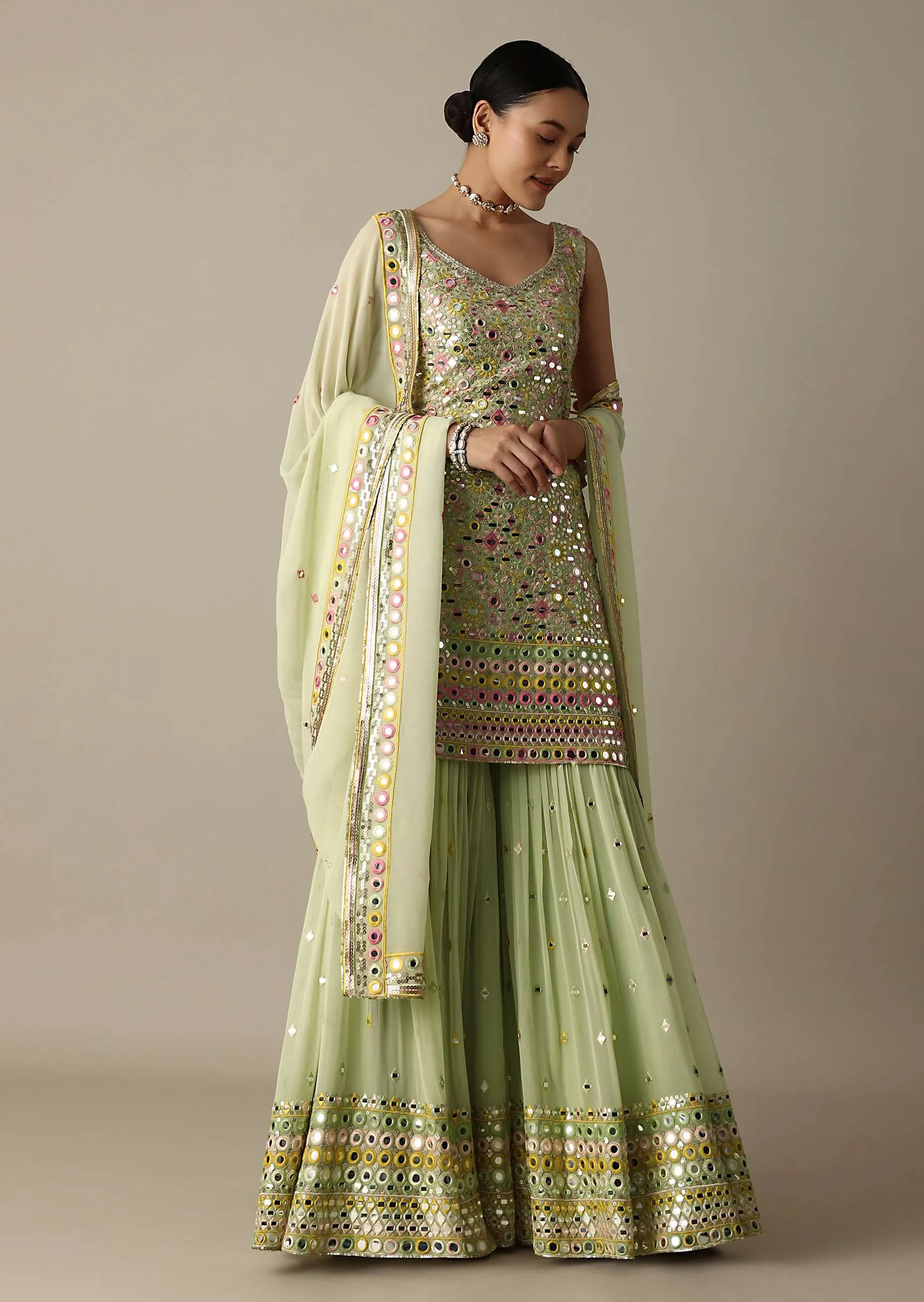 Green Sharara Set With Exquisite Mirror Work