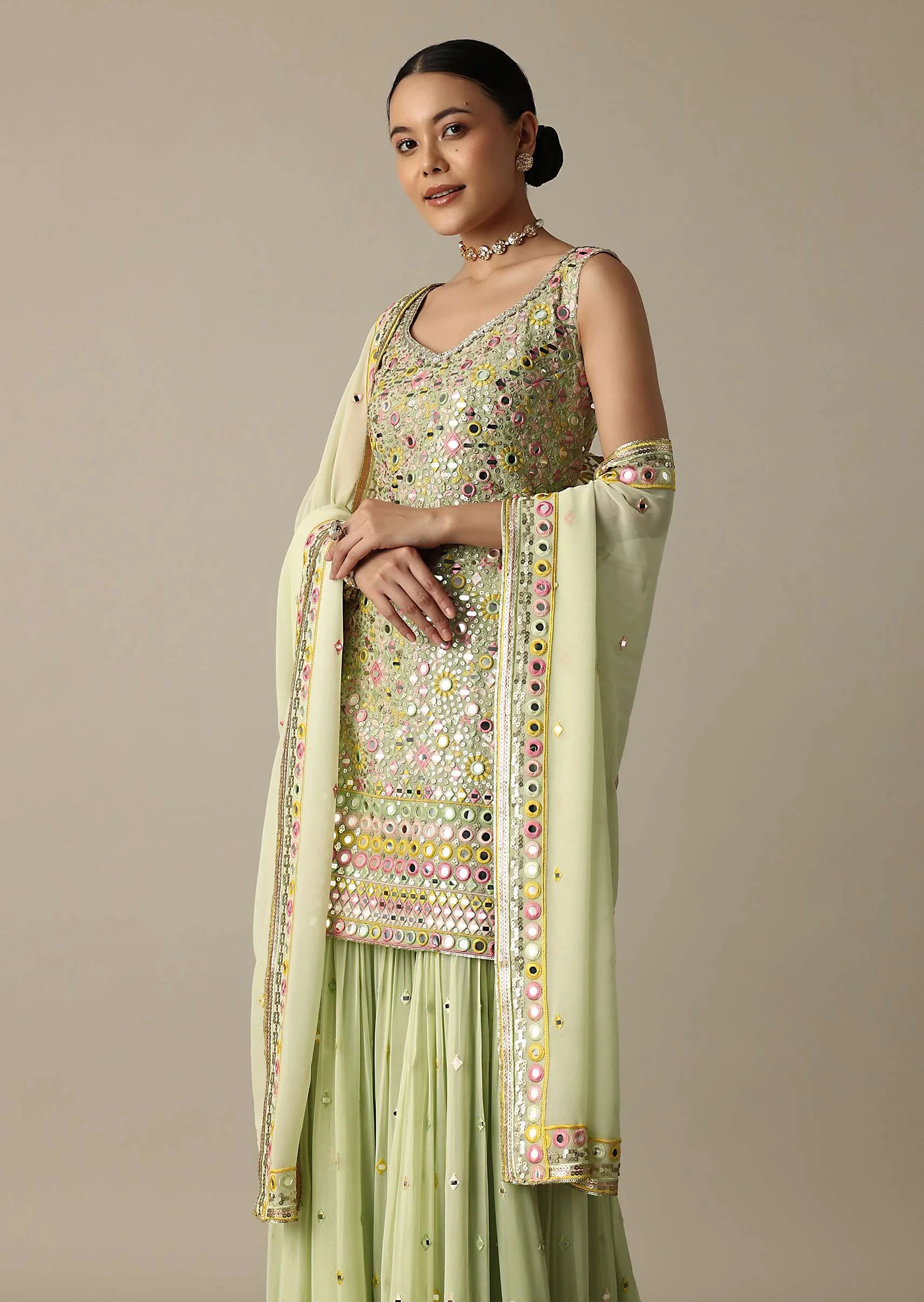 Green Sharara Set With Exquisite Mirror Work