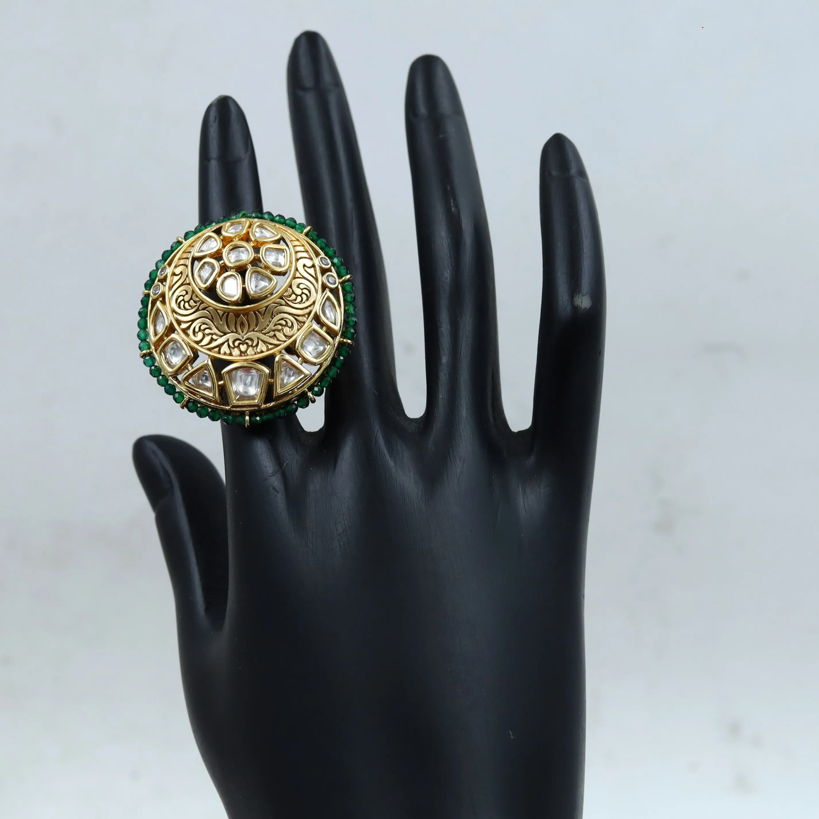 Kundan Cocktail Adjustable Green Ring 16220-3367