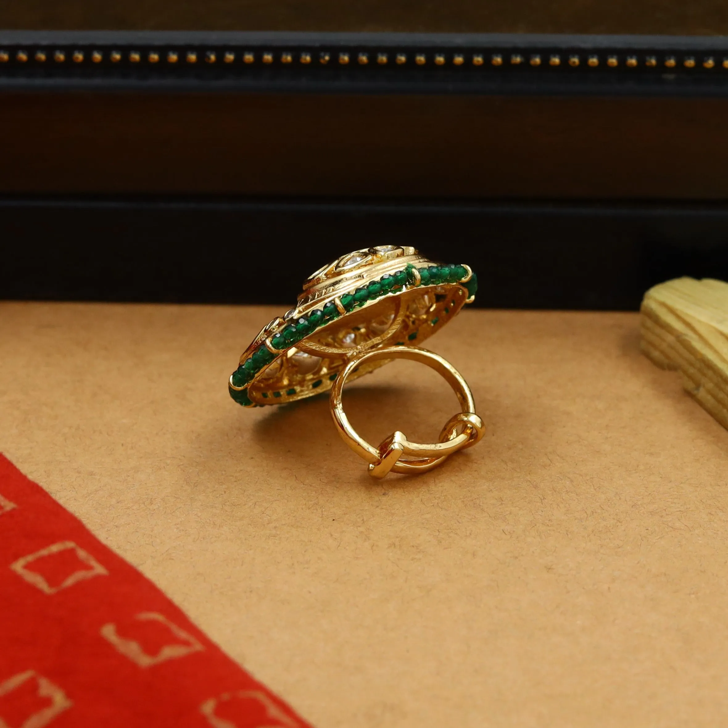 Kundan Cocktail Adjustable Green Ring 16220-3367