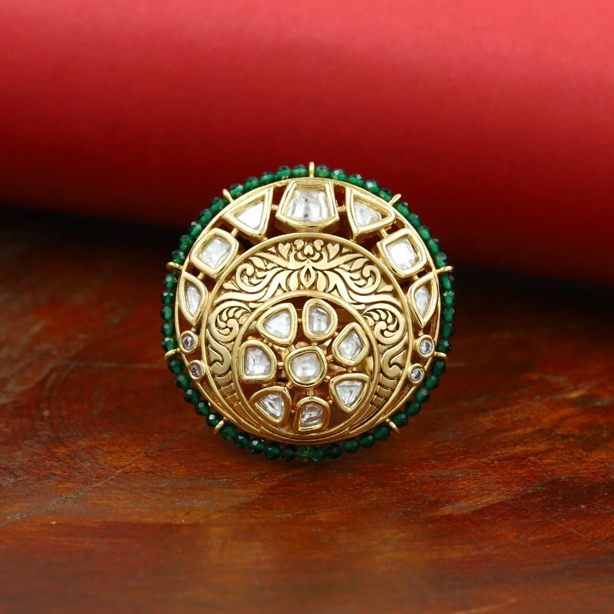 Kundan Cocktail Adjustable Green Ring 16220-3367