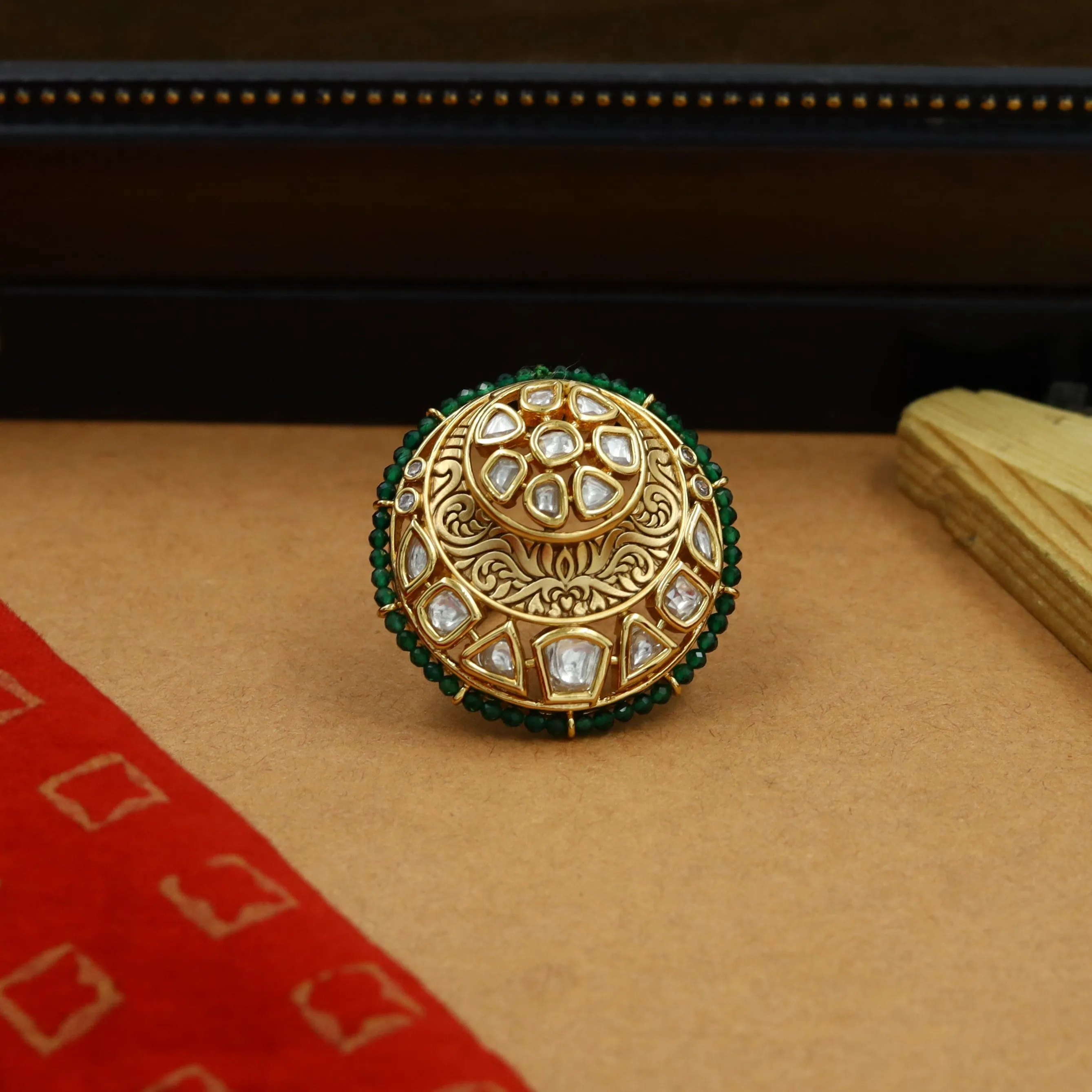 Kundan Cocktail Adjustable Green Ring 16220-3367