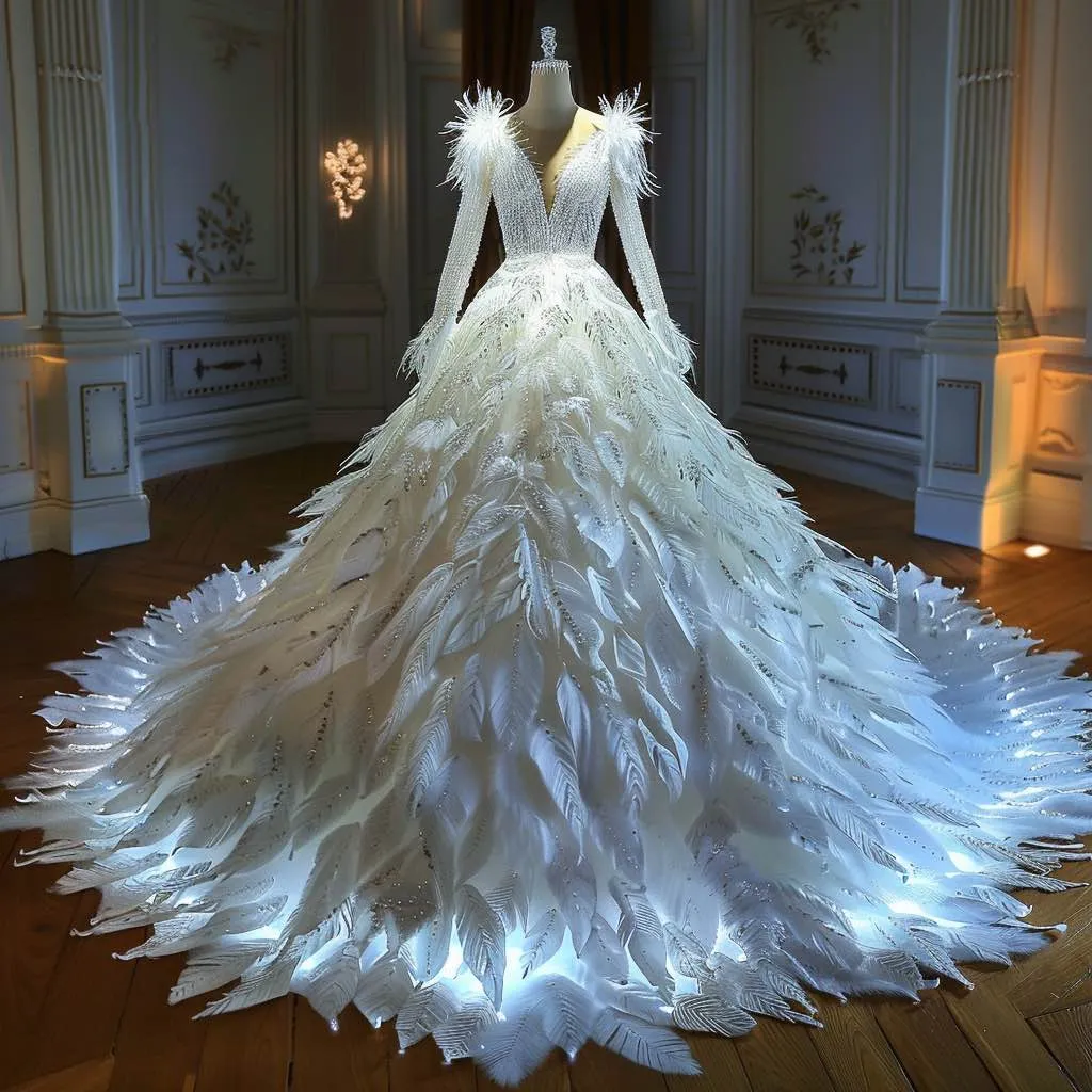Mia Sexy Exquisite Feather Touch White Long Sleeves Ball Gown Wedding Dress