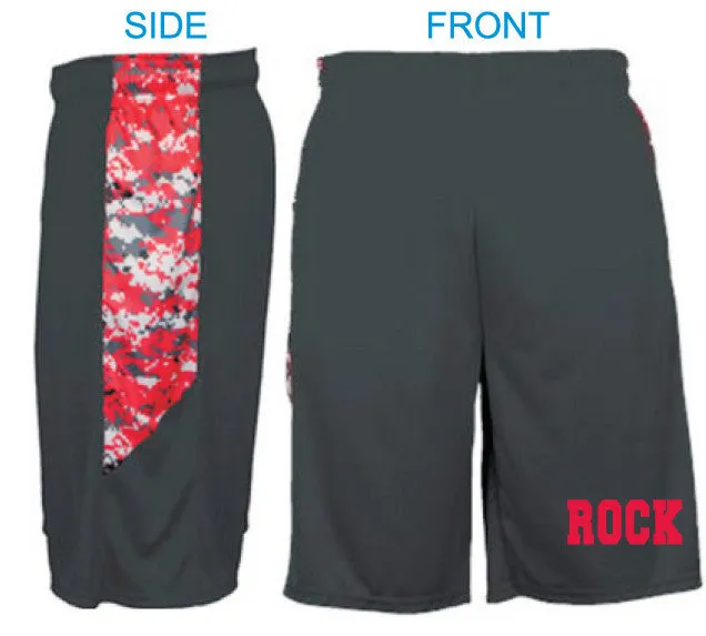 Moisture Wicking Shorts with Pockets <br>BLACK with DIGITAL CAMO SIDE PANEL