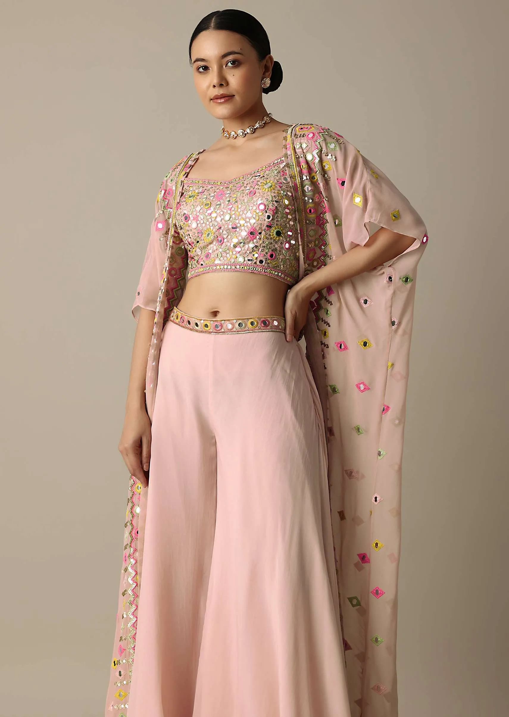 Peach Choli Indowestern Suit With Exquisite Mirror Work