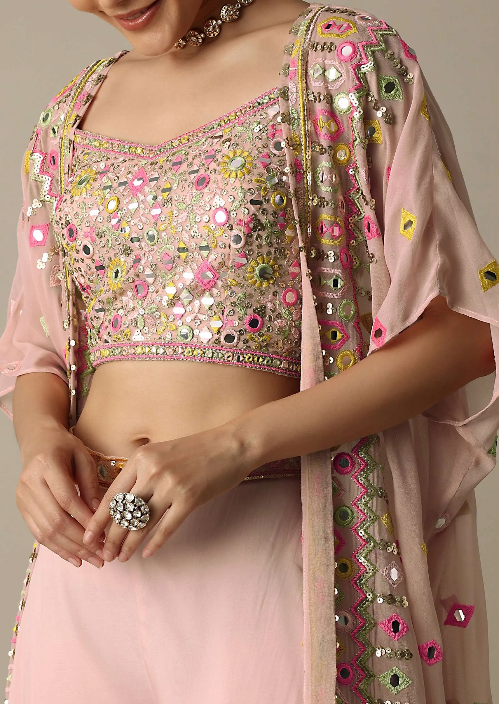 Peach Choli Indowestern Suit With Exquisite Mirror Work