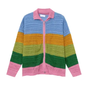 Vintage Men's Cardigan Hollow Out Contrast Color Zipper Clothing Turn-dwon Collar Long Sleeve Male Clothing Chic 9C6923